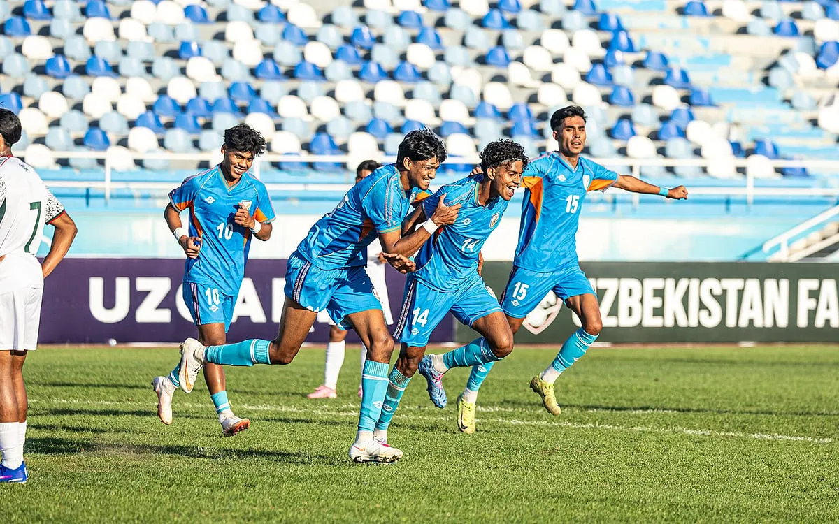 Indian players celebrate a goal during their AFC U20 Asian Cup qualification tie on Sunday