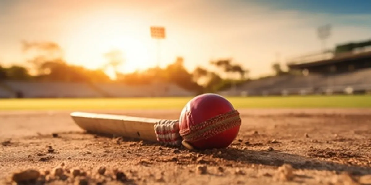 Cricket bat and ball in the foreground, pitch behind